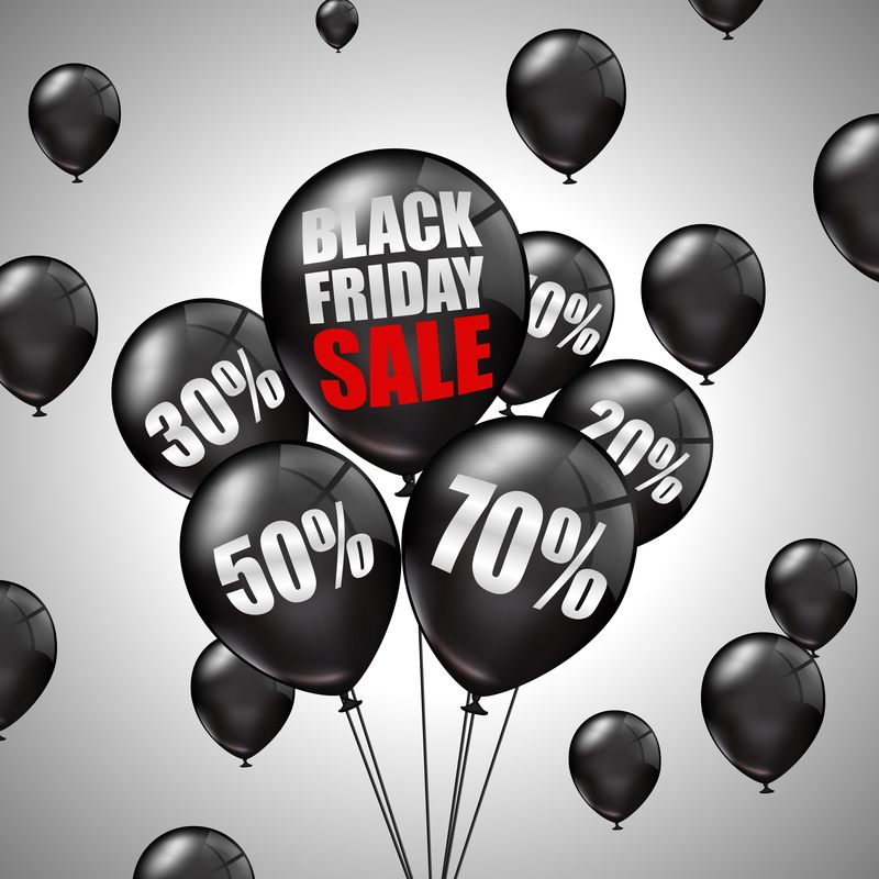 黑色星期五销售-有黑色气球和折扣-矢量图