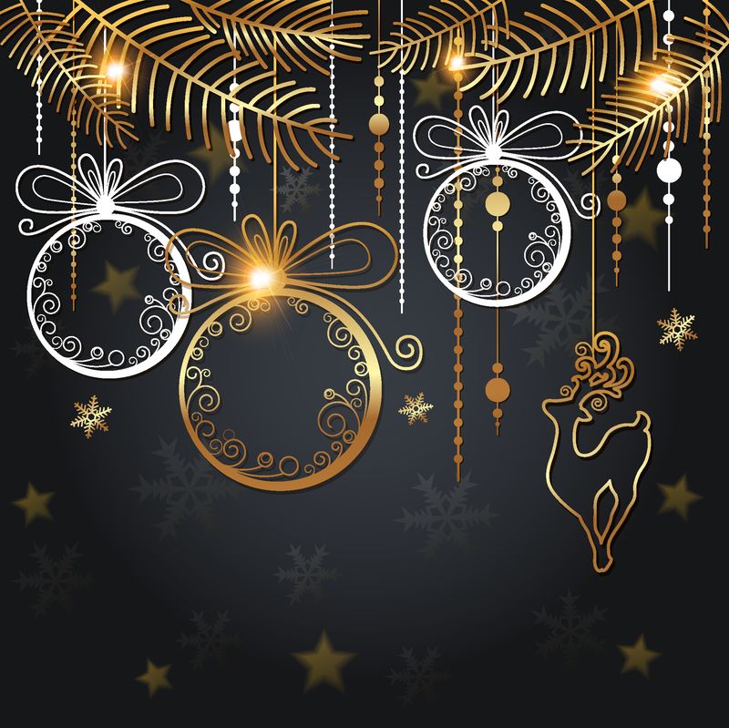 圣诞背景-金色装饰和黑色背景上的冷杉枝-新年贺卡设计-矢量图解