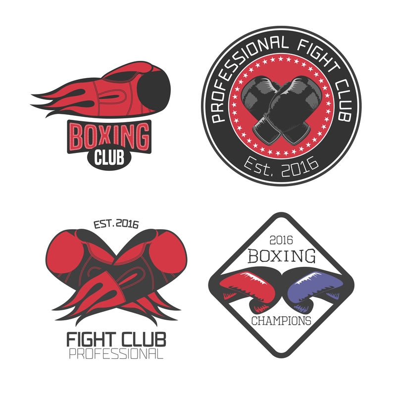 拳击、箱式俱乐部、矢量图标、标志、符号、会徽、标志集合