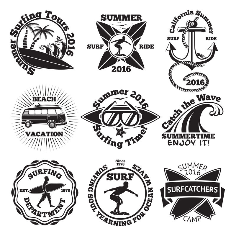 一套老式冲浪标签，包括冲浪板、冲浪者、手掌、锚、太阳镜、波浪等矢量。