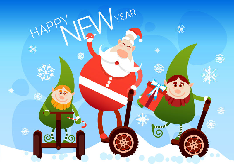 圣诞老人和小精灵骑电动单轮圣诞假日新年快乐贺卡