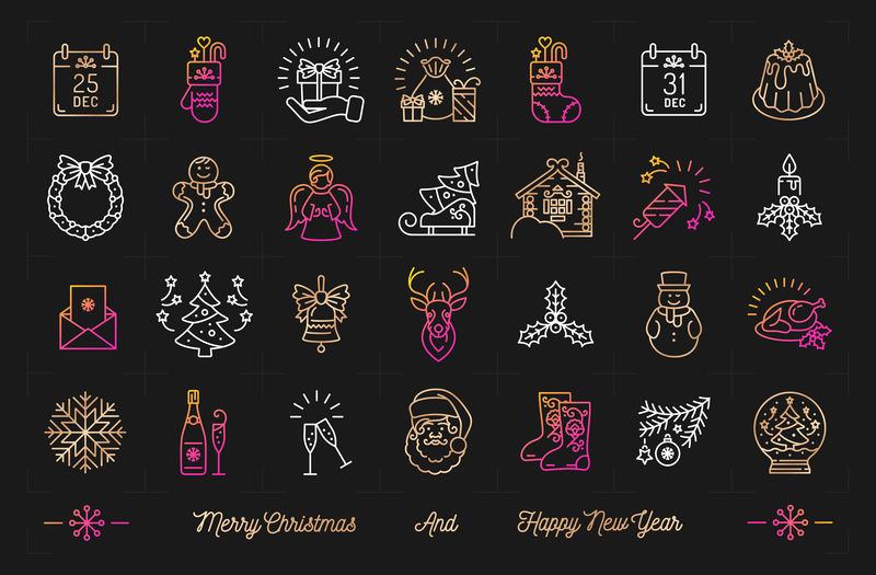 圣诞图标冬季节日套装，新年快乐装饰符号