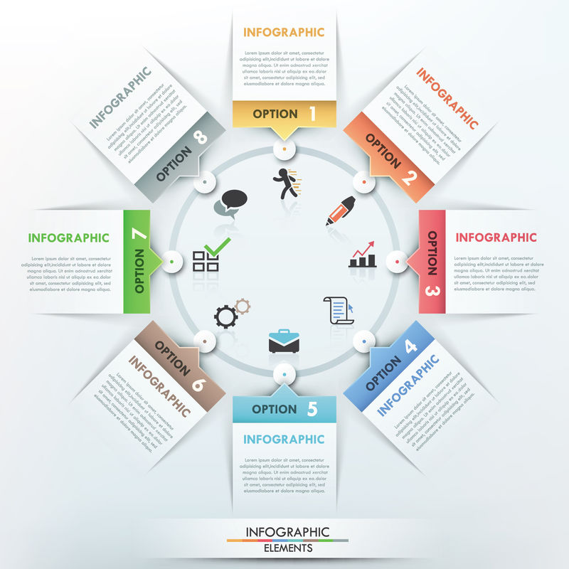 现代信息图形选项模板纸形和圆形在黑暗的道路上为8个步骤-矢量-可用于网页设计和工作流布局