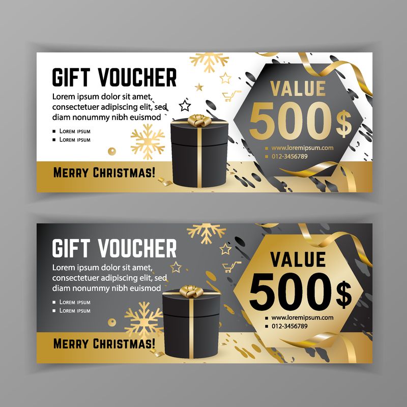 矢量礼品券模板-通用传单黑金色设计元素-百货公司、商务部的礼品券价值500美元-抽象背景