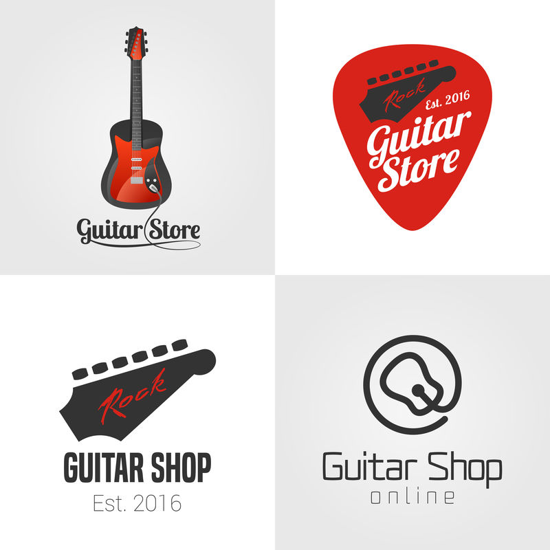 吉他店、音乐商店套装、矢量图标、符号、会徽、标志、标牌收藏