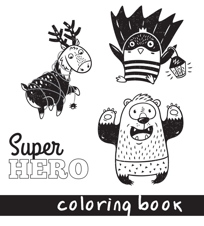 超级英雄服装中的手绘轮廓卡通动物