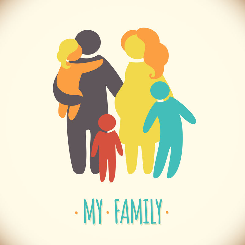 幸福家庭的图标，以简单的数字五颜六色。三个孩子
