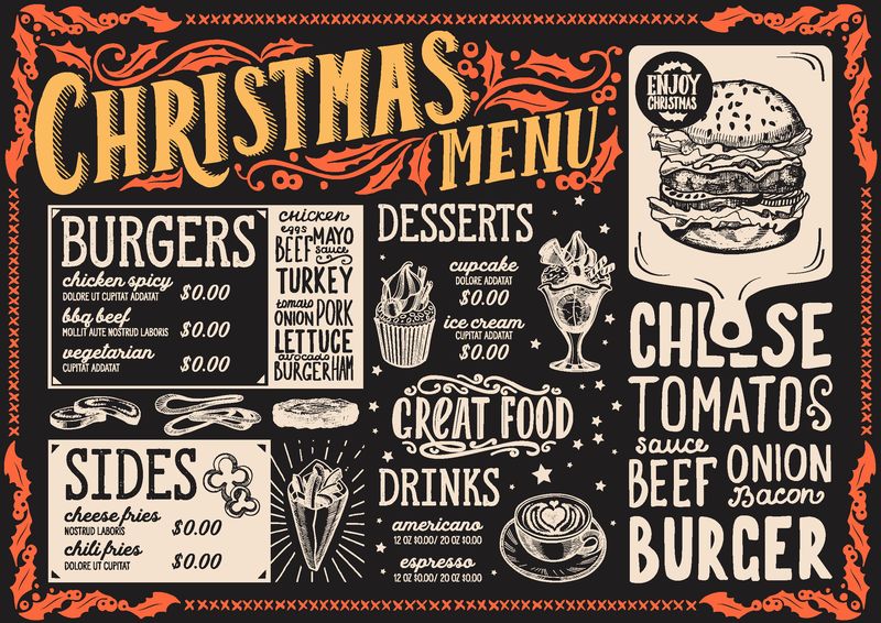 圣诞菜单模板汉堡包餐厅和咖啡馆在黑板背景矢量图小册子圣诞节晚宴庆祝-设计带有复古字体和节日图案的海报