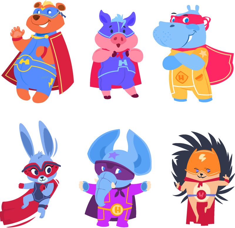 超级英雄动物-婴儿超级英雄人物集-动物保护者、救世主、刺猬、大象和熊的插图