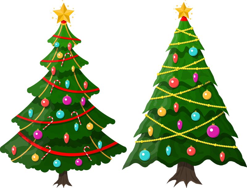 圣诞树上装饰着五颜六色的球-花环灯-金色的星星-云杉-常绿乔木-贺卡-节日海报-聚会请柬-新年-平面图