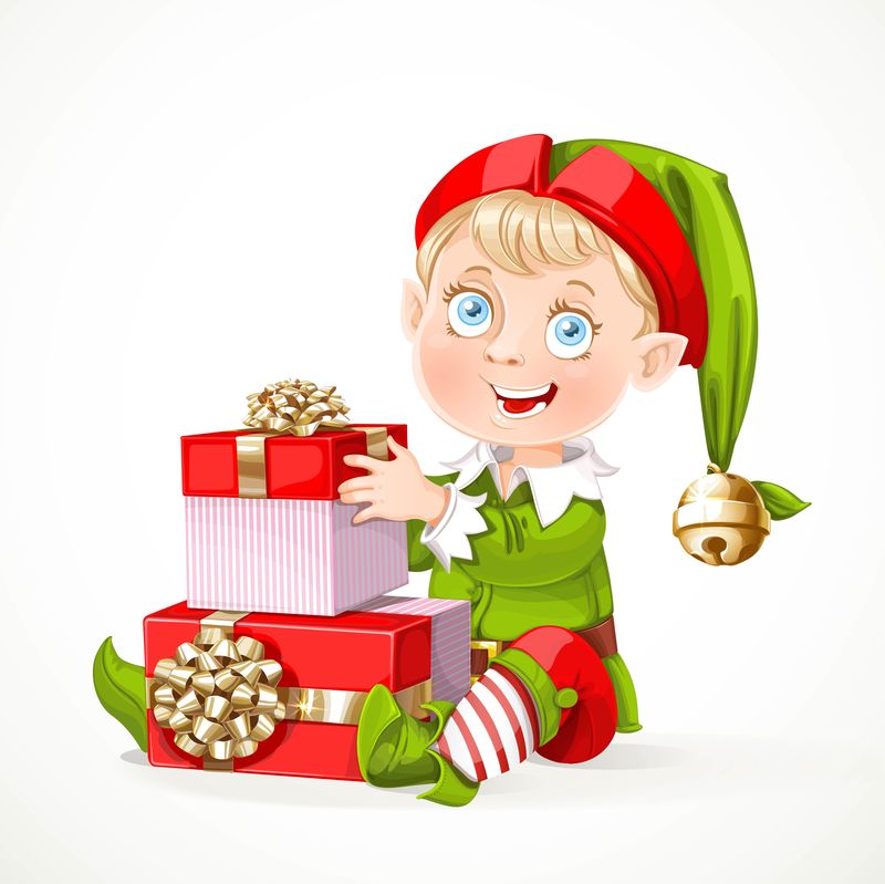 可爱的小圣诞老人小精灵坐着，把盒子里的礼物隔离开来。