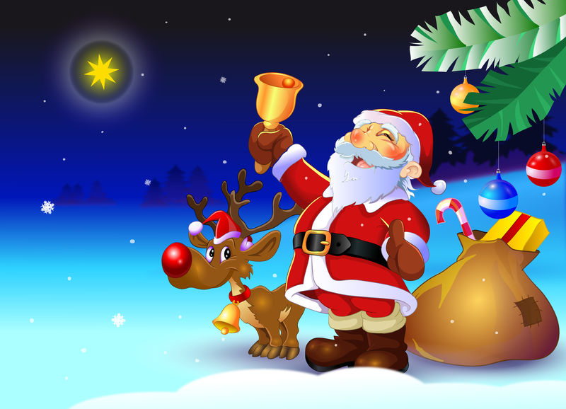 圣诞老人、鹿鲁道夫和冬天森林里的雪人-圣诞夜快乐的圣诞老人、鹿和雪人都很快乐