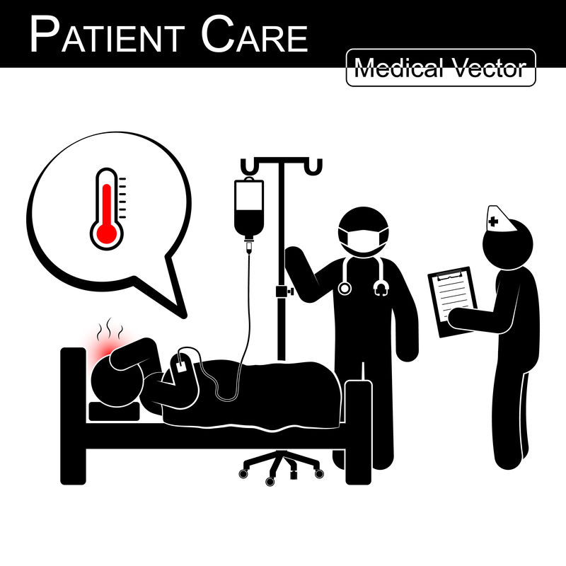 医生和护士在医院护理患者（黑白，平面设计）矢量医学和科学概念