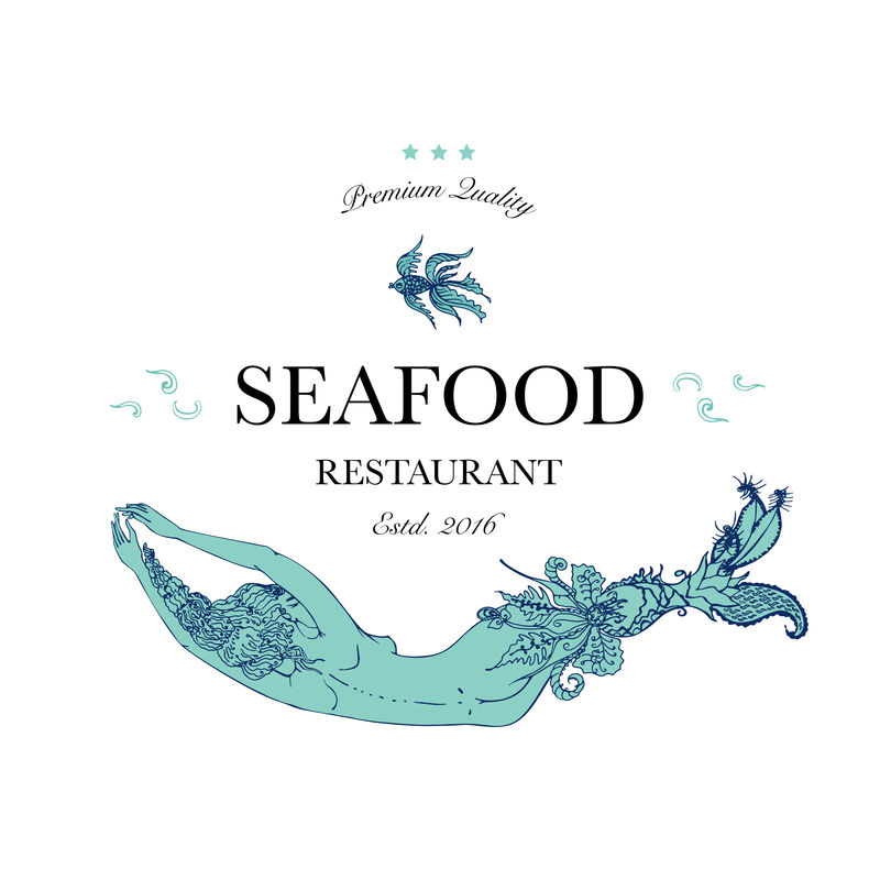 海鲜餐厅和海鲜菜单标识-带有华丽尾巴的美人鱼标志。矢量图解