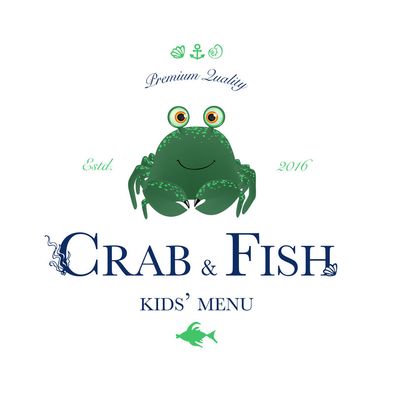 海鲜餐厅和海鲜菜单标识-标志的儿童螃蟹和鱼菜单可爱的爆眼蟹。矢量图解
