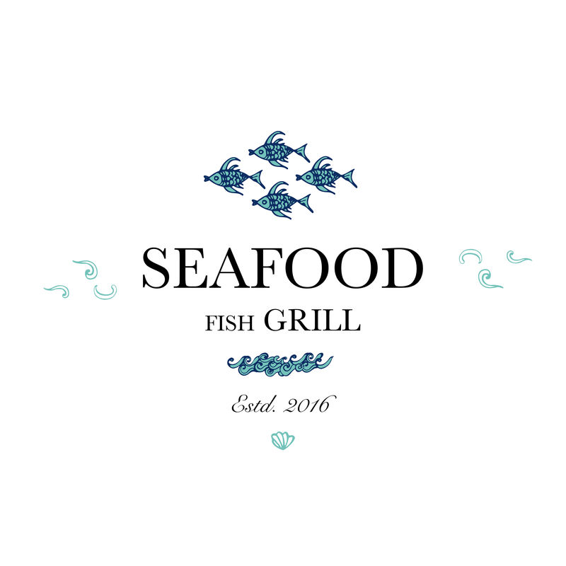 海鲜餐厅和海鲜菜单标识-与鱼群标识。矢量图解
