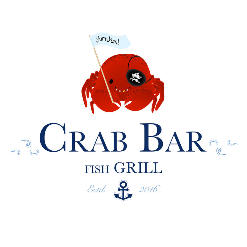 海鲜餐厅和海鲜菜单标识-蟹吧标志与可爱的海盗蟹。矢量图解