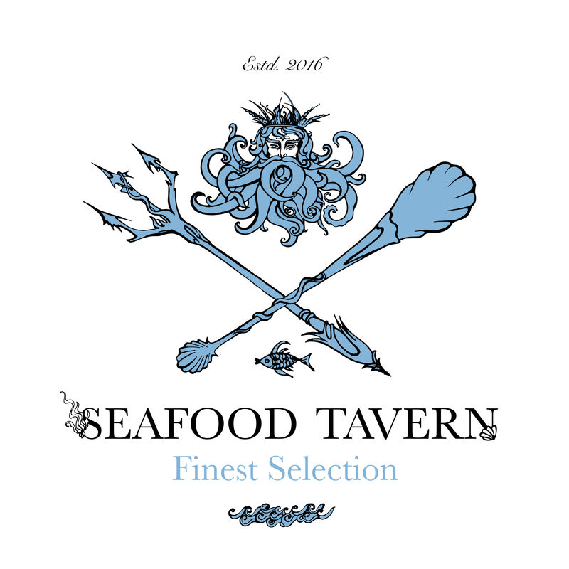 海鲜餐厅和海鲜菜单标识-海神波塞冬和海式餐具的标志。矢量图解