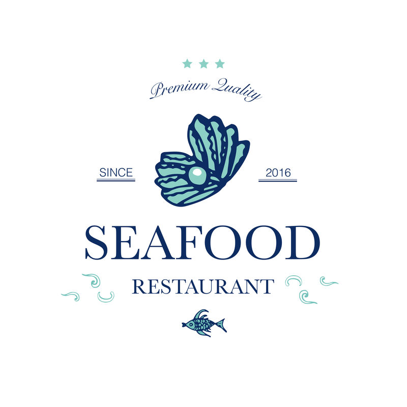 海鲜餐厅和海鲜菜单标识-带贝壳和珍珠的标志。矢量图解