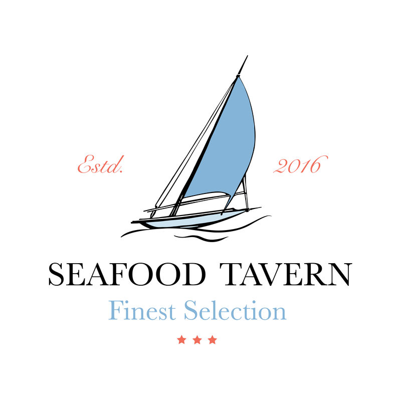 海鲜餐厅和海鲜菜单标识-带有渔船的标识。矢量图解