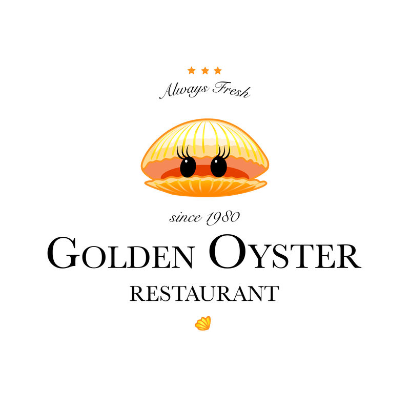 海鲜餐厅和海鲜菜单标识-标志与可爱的金牡蛎。矢量图解