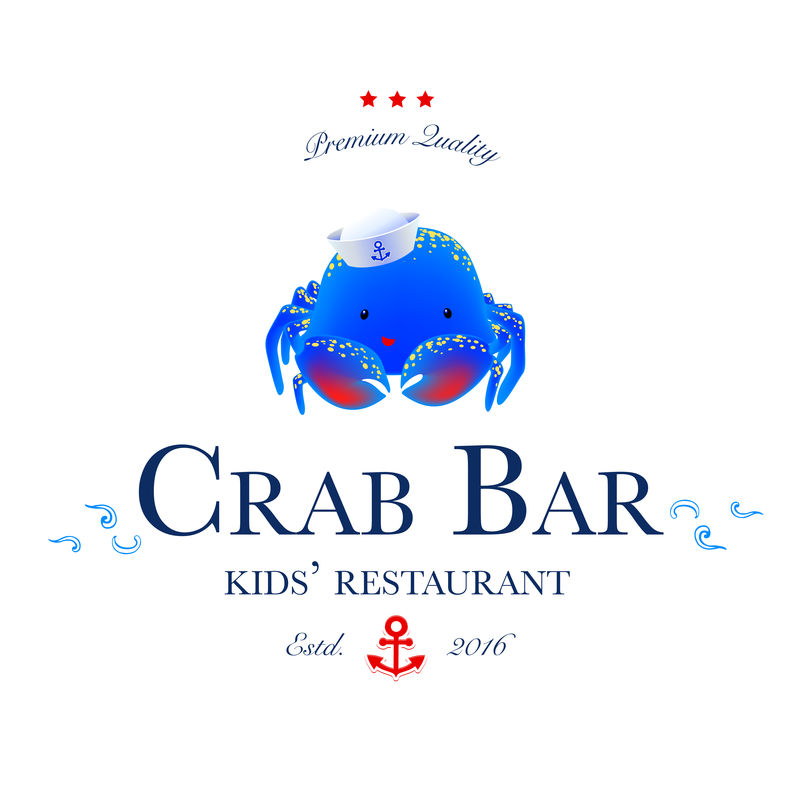 海鲜餐厅和海鲜菜单标识-带可爱蟹水手的儿童蟹吧标志。矢量图解