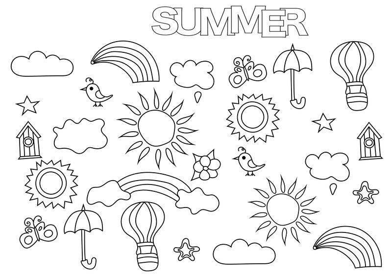 手工绘制的夏季天气预报。为书籍页面模板着色。勾勒涂鸦矢量图。