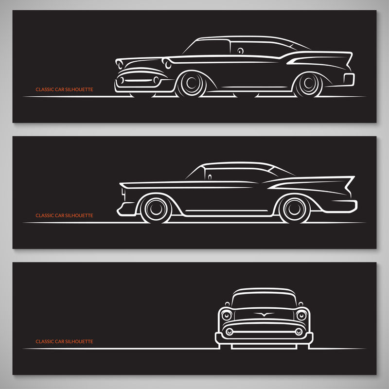 一套老式经典的美国风格汽车轮廓。正面、侧面和3/4视图。手工绘制的白色轮廓，黑色背景上隔离的轮廓