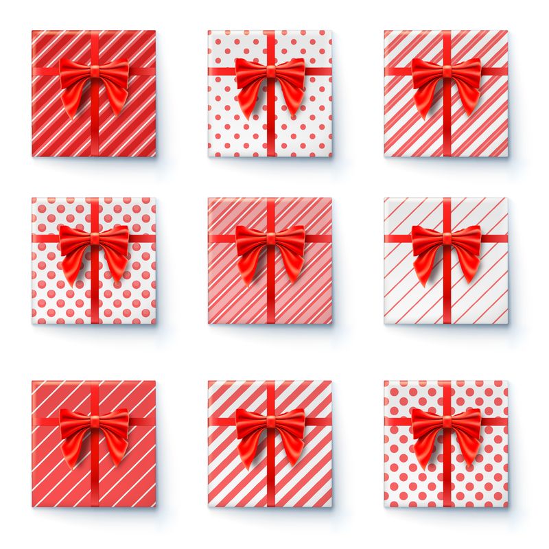 呈现白底红丝带和大蝴蝶结的盒子-顶视图上的礼品盒-节日包装纸包装简单不同的模式-假日图标集-矢量