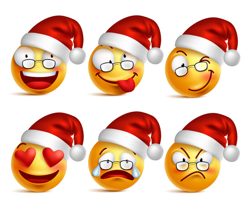 笑脸-表情符号集-黄色的脸上带着情绪和圣诞帽-新年-圣诞老人-冬季记忆-悲伤-快乐-愤怒的脸-有趣的卡通人物-心情-矢量