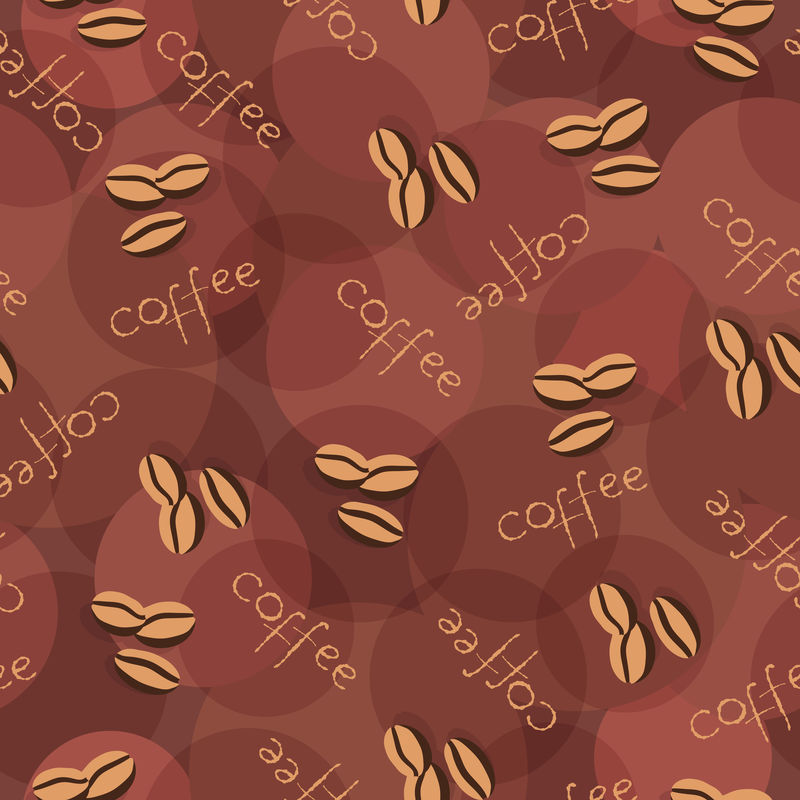 米色无缝背景，咖啡豆和文字散落。浅米色无缝咖啡图案。