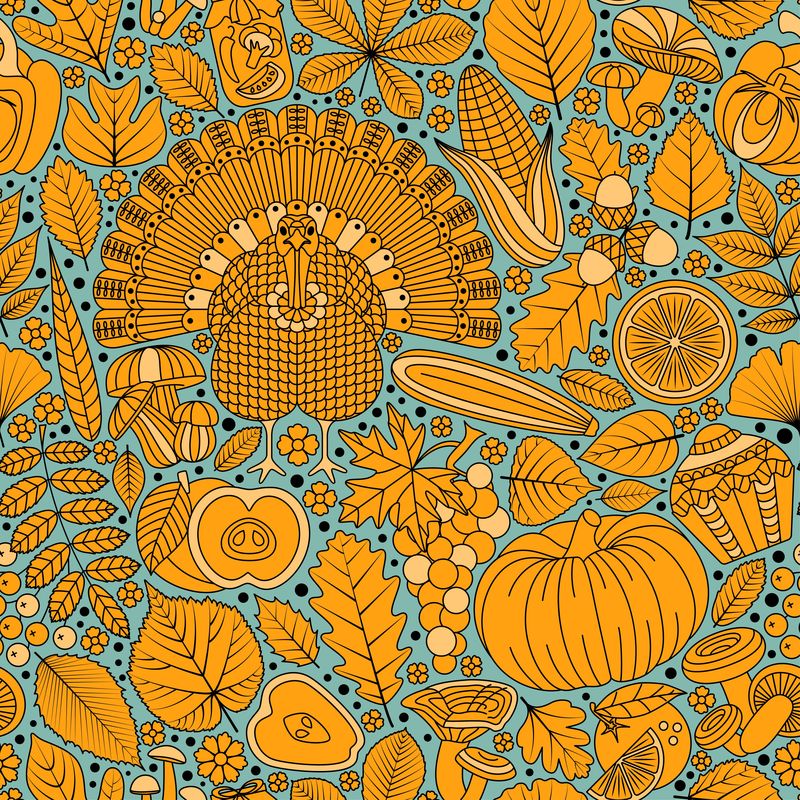 感恩节无缝图案-各种设计元素-卡通矢量图-秋季背景