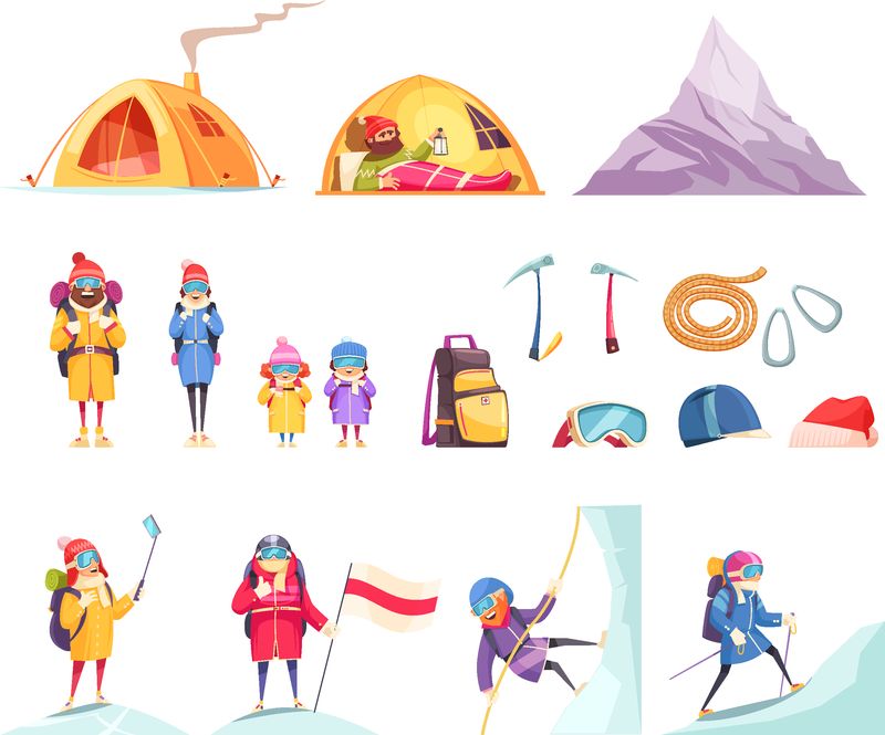 登山动画片集登山者装备服装帐篷头盔冰轴绳索登山矢量图