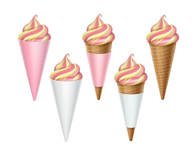 矢量集彩色软冰淇淋华夫饼锥在粉白纸箱包装特写上隔离在白色背景。