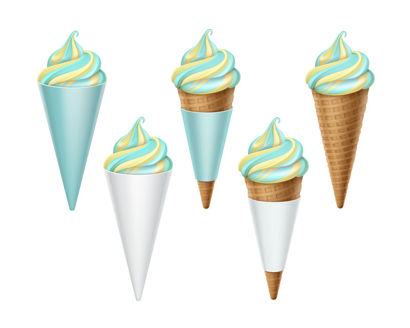 矢量集彩色软服务冰淇淋华夫饼锥淡蓝色白色纸箱包装特写孤立在白色背景上。