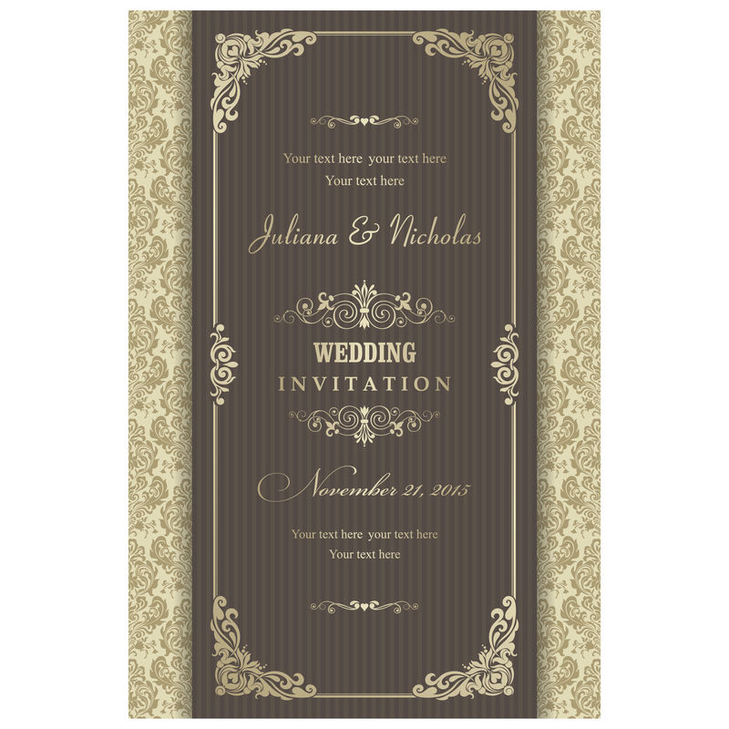婚礼请柬巴洛克风格棕色和金色-老式图案-维多利亚时代的装饰物-带有花卉元素的框架-矢量插图