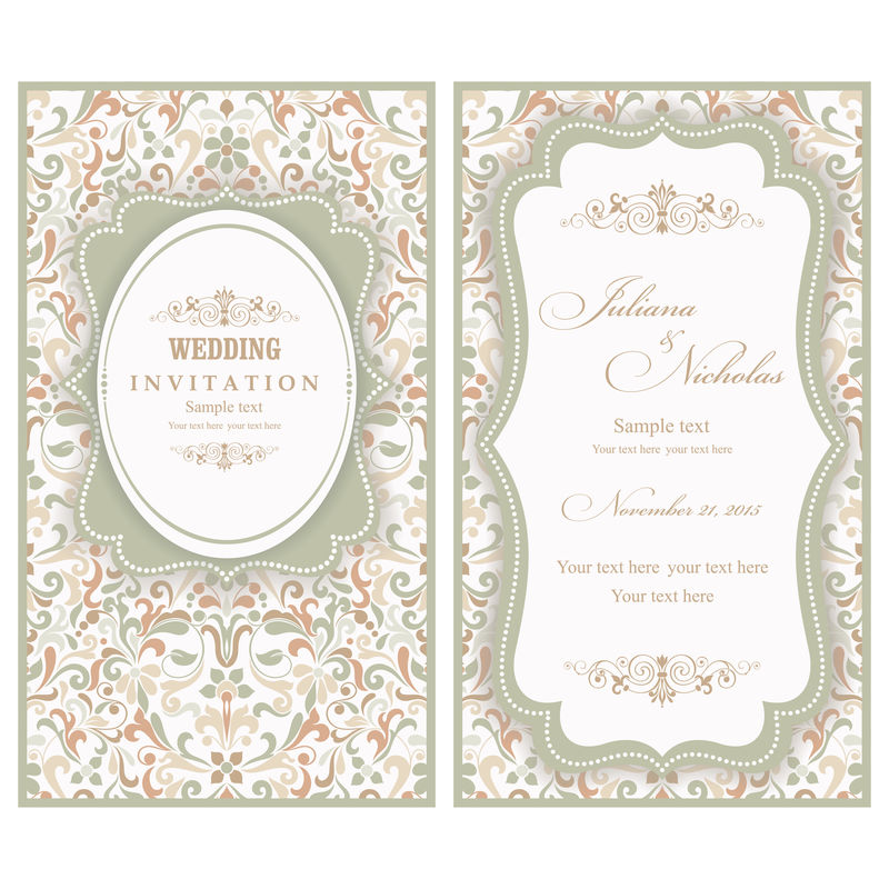 婚礼邀请卡巴洛克风格的棕色和绿色-复古图案-复古的维多利亚式装饰品-用花卉元素框起来-矢量图
