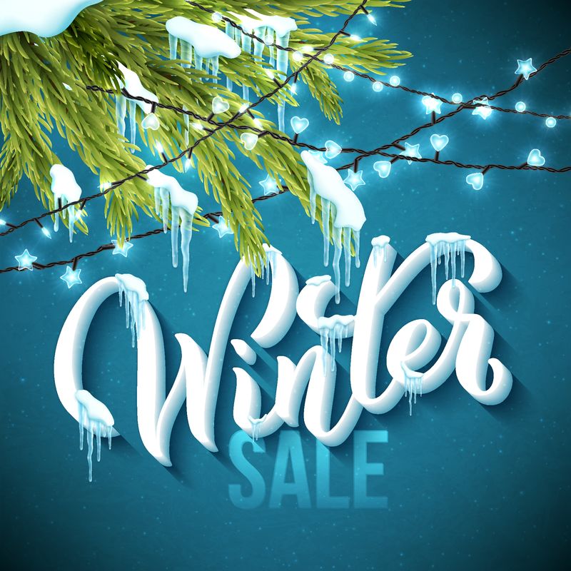用写实的杉树、冰柱和圣诞闪光灯装饰的手绘文字冬季销售海报-矢量图