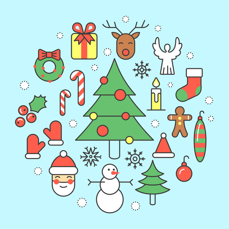 圣诞与新年快乐2017细线矢量图标集圣诞老人、驯鹿和圣诞树
