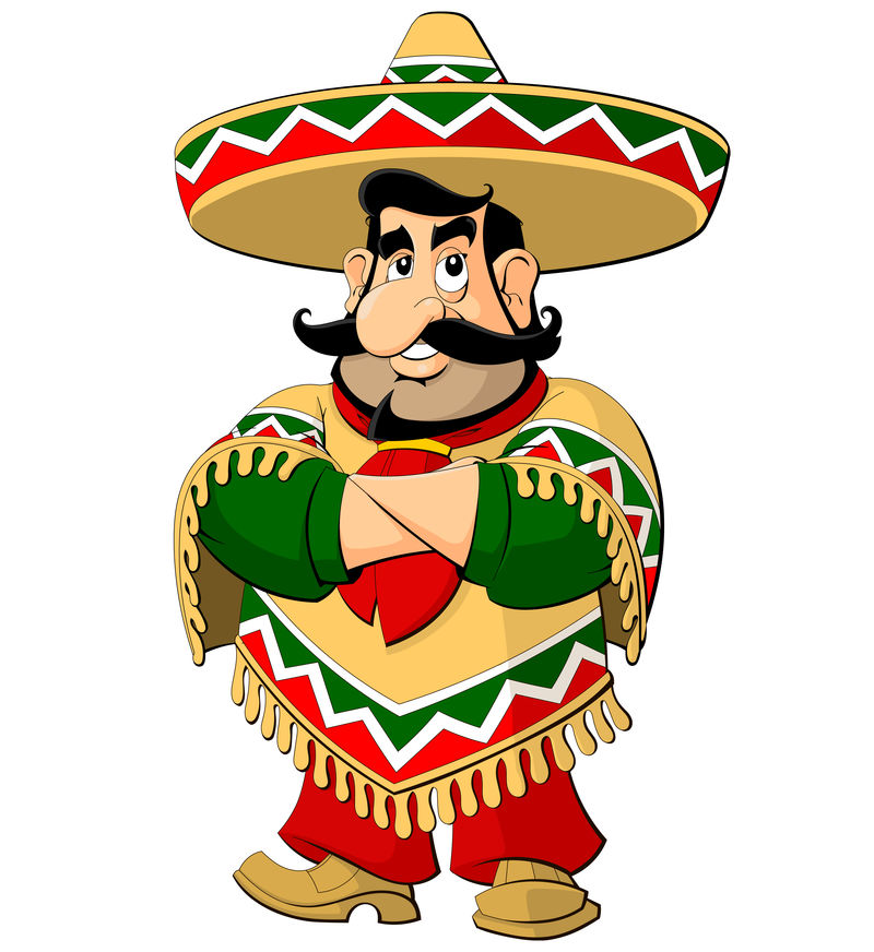 Cartoon Mexican man in a hat and poncho.