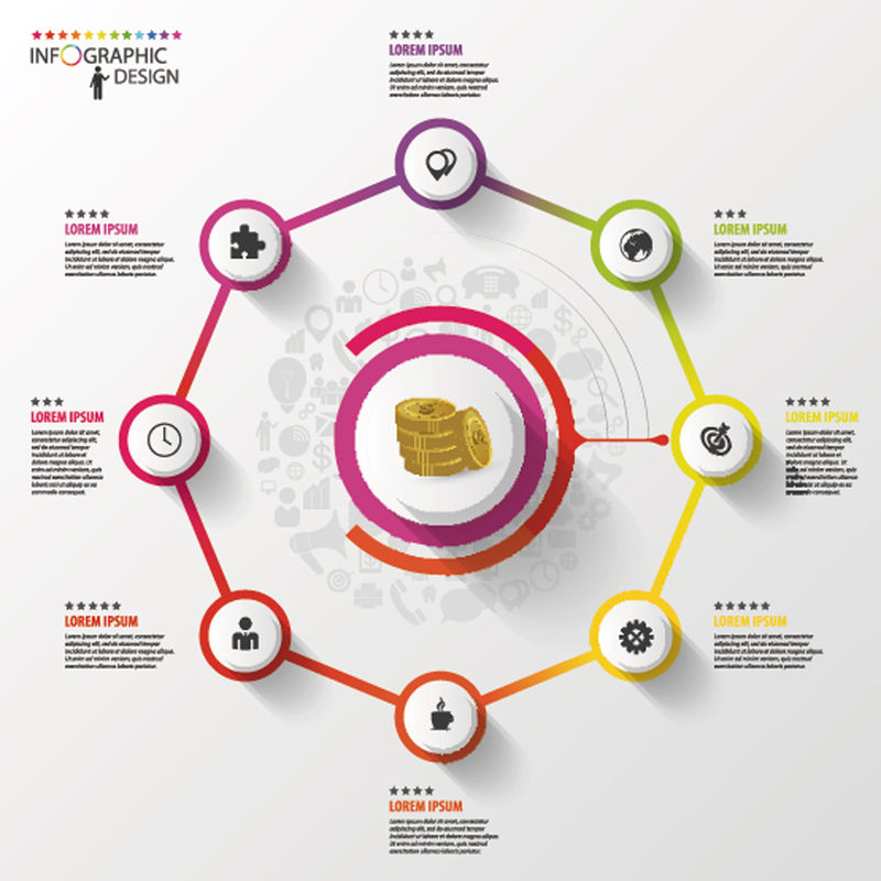 信息图表-商业理念-彩色八角形图标-矢量