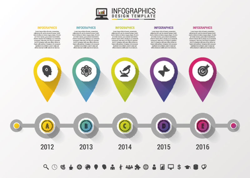 具有现代风格的指针和文本的时间线信息图形-矢量设计模板