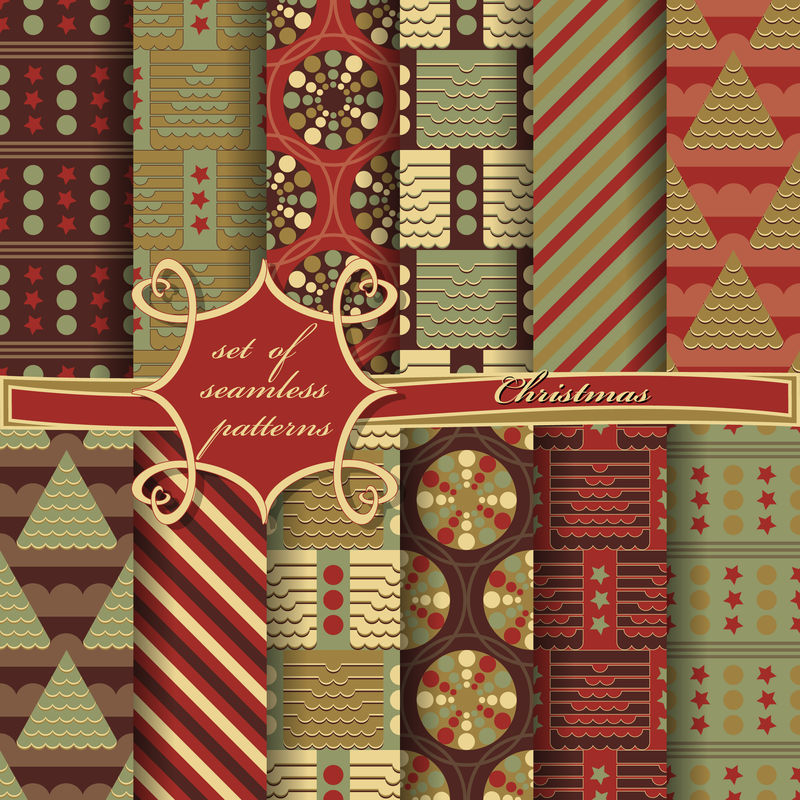 一套无缝圣诞节插图-带有圣诞符号和圣诞设计元素的抽象矢量纸