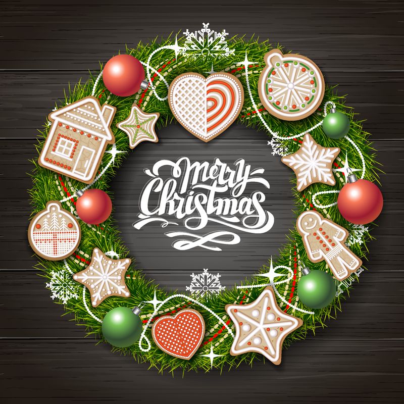 圣诞快乐概念设计俯视图-木制背景的圣诞花圈-圣诞食品