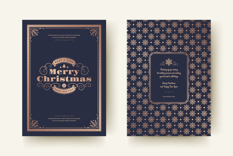 圣诞贺卡设计模板-圣诞和假日快乐祝愿复古印刷标签和地方的文字与模式背景-矢量图