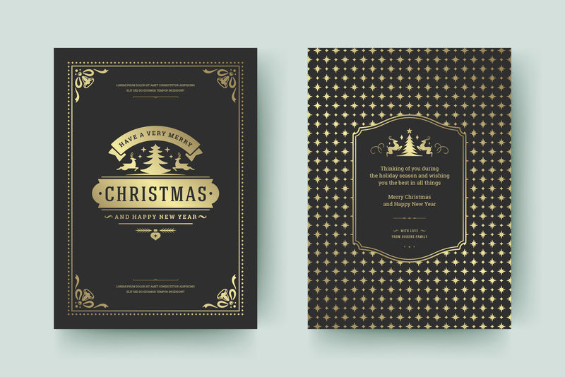 圣诞贺卡设计模板-圣诞和假日快乐祝愿复古印刷标签和地方的文字与模式背景-矢量图
