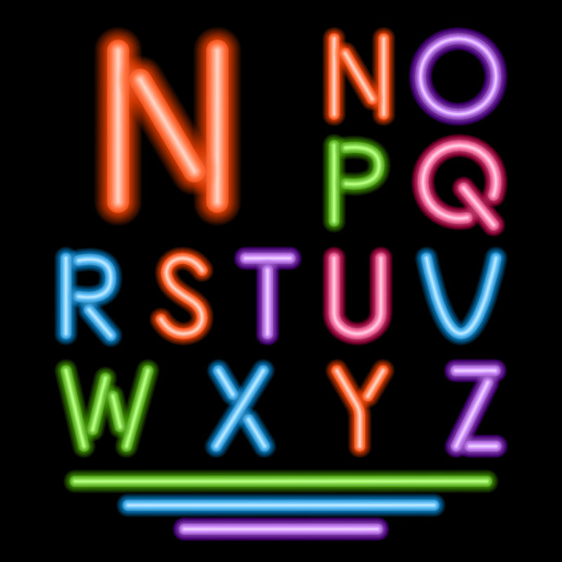 霓虹管字母。彩色发光字体。矢量