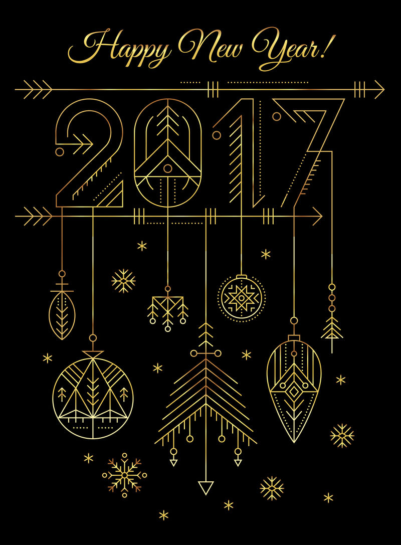 带有2017年标志和装饰的新年贺卡模板