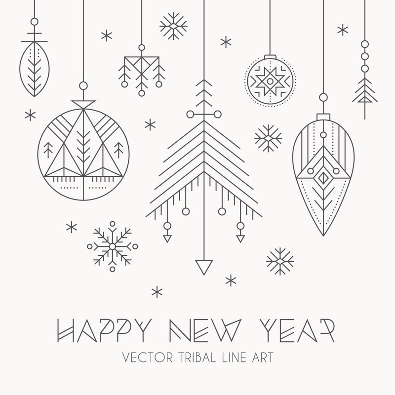 新年贺卡模板悬挂装饰和雪花。