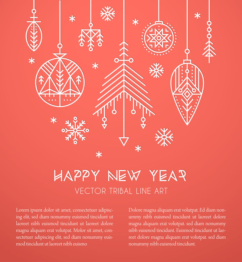 新年贺卡模板悬挂装饰和雪花。